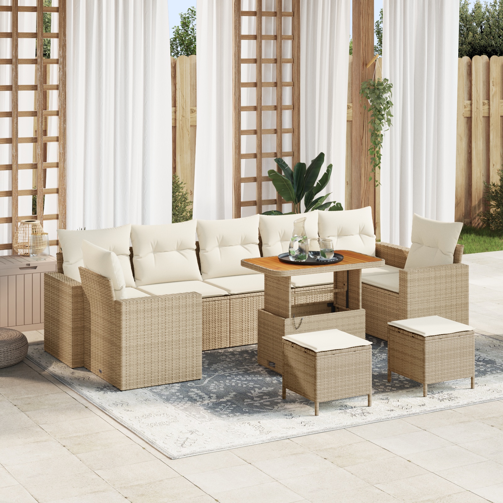 vidaXL 10 Teile Garten Sofaset mit Kissen Beige Poly Rattan Akazie, vidaXL 3 Teile Garten Essgruppe mit Kissen Beige Poly Rattan Akazie