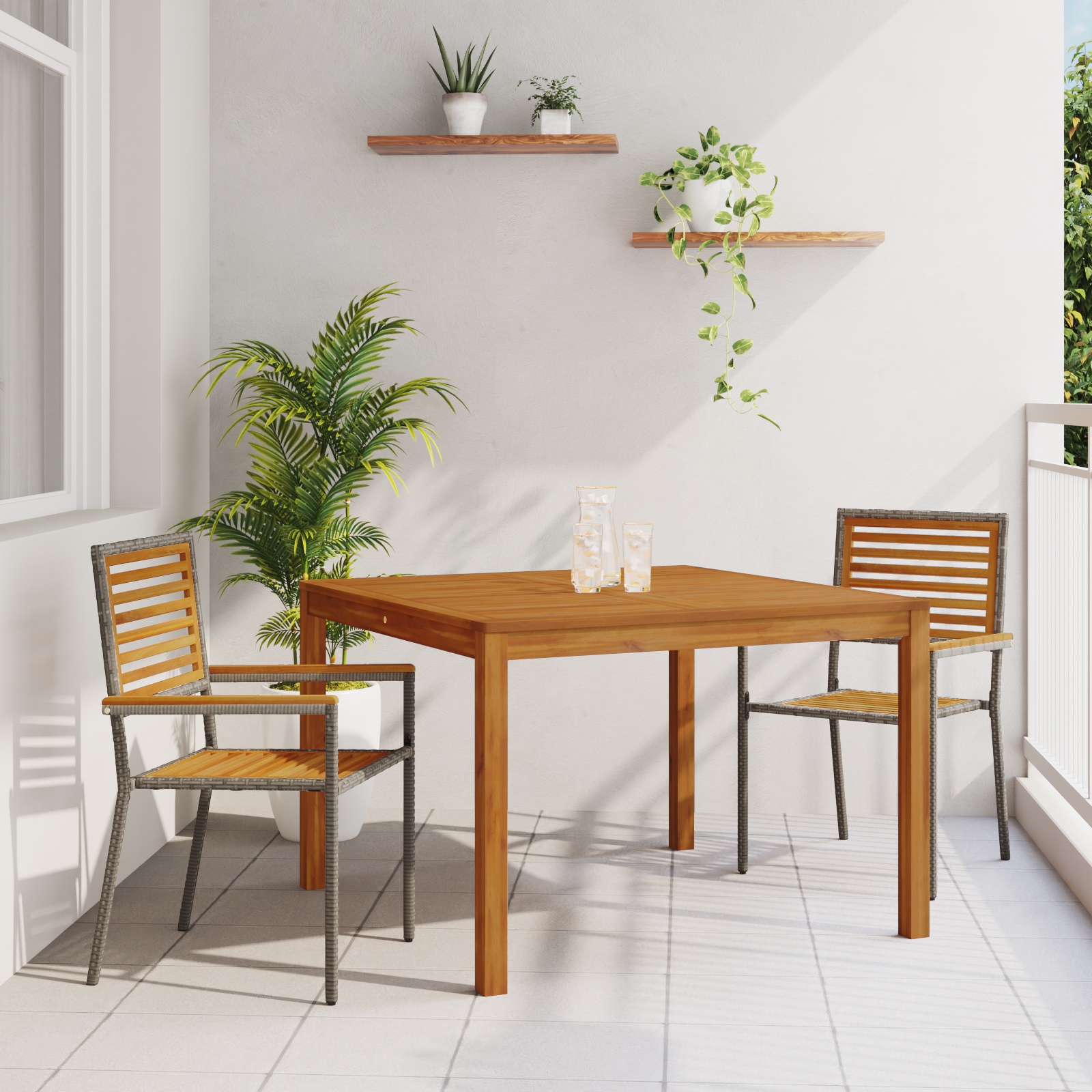 vidaXL 3-teilige Garten Essgruppe Grau Poly-Rattan Akazie, vidaXL Stapelbare Gartenstühle mit Kissen 2 Stück Grau Poly-Rattan