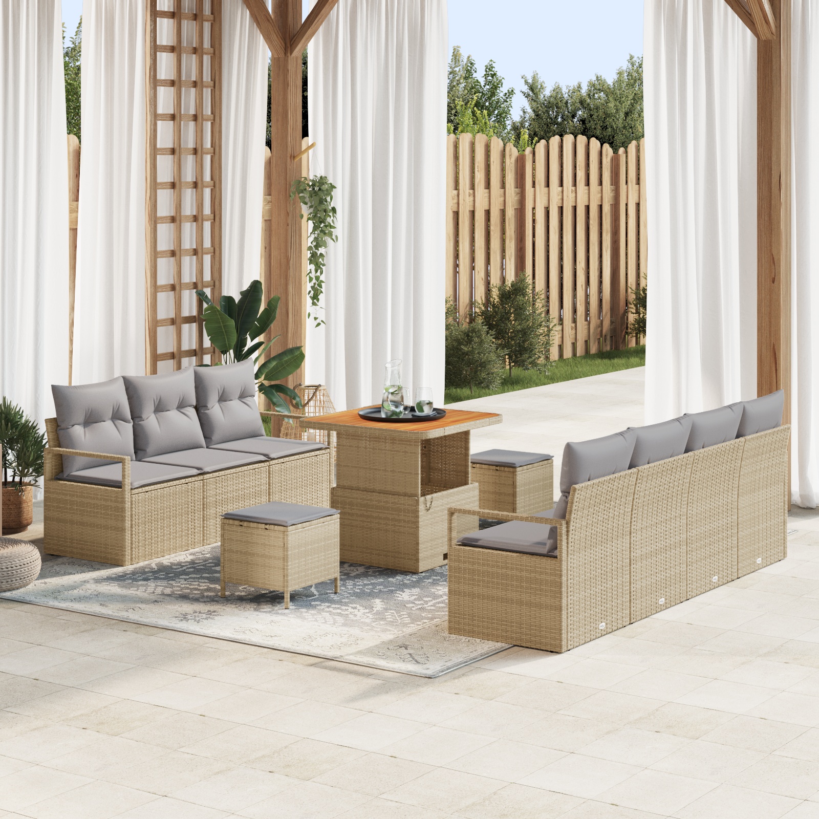 vidaXL 10 teiliges Garten Sofa Set mit Kissen Beige Poly Rattan Akazie, vidaXL 2-Sitzer Garten Sofa mit Kissen Beige Poly Rattan, vidaXL 3 teiliges Garten Essset mit Kissen Beige Poly Rattan Akazie