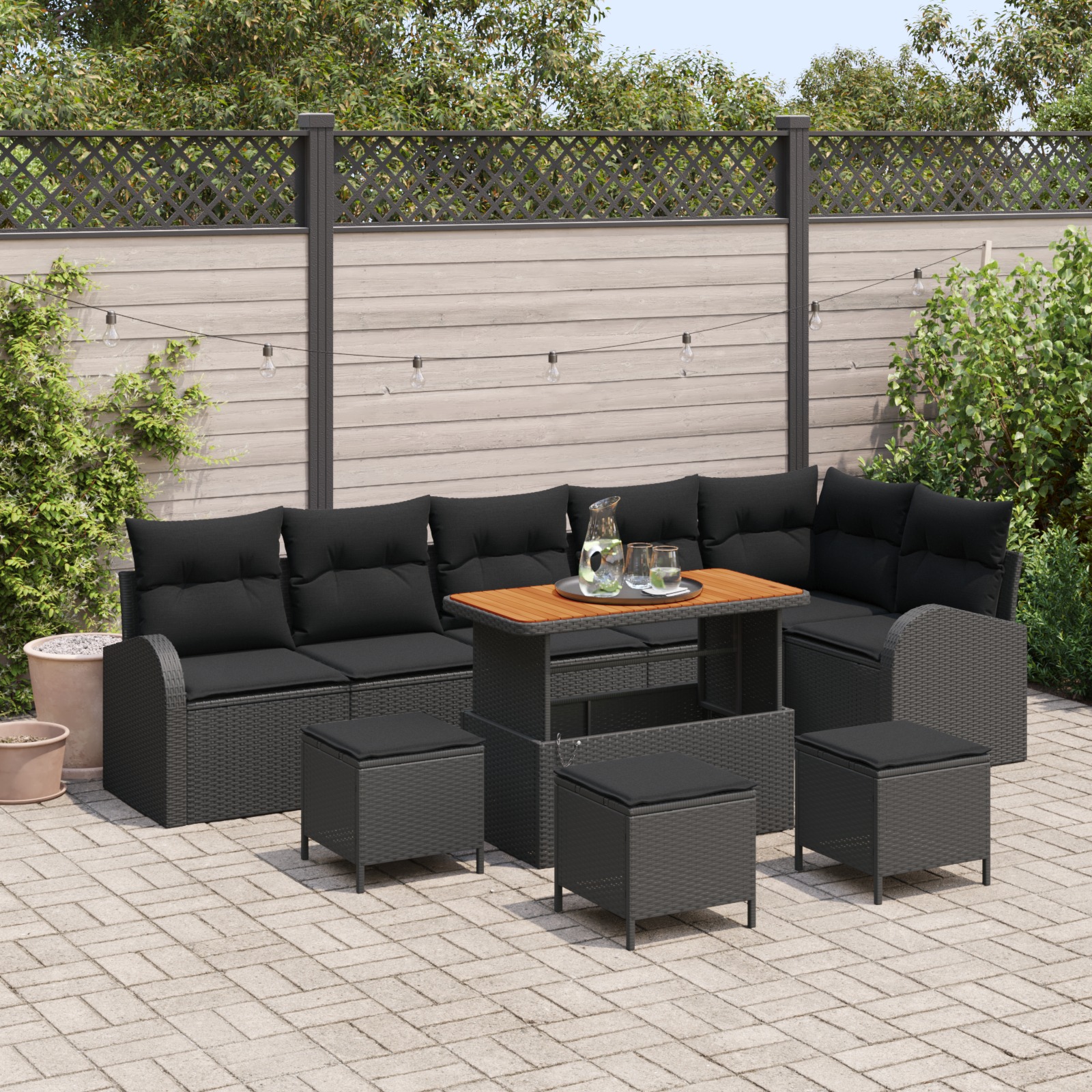 vidaXL 10 Teile Garten Sofa Set mit Kissen Schwarz Poly Rattan Akazie, vidaXL 2-Sitzer Garten Sofa mit Kissen Schwarz Poly Rattan, vidaXL 4 Teile Garten Essenset mit Kissen Schwarz Poly Rattan Akazie