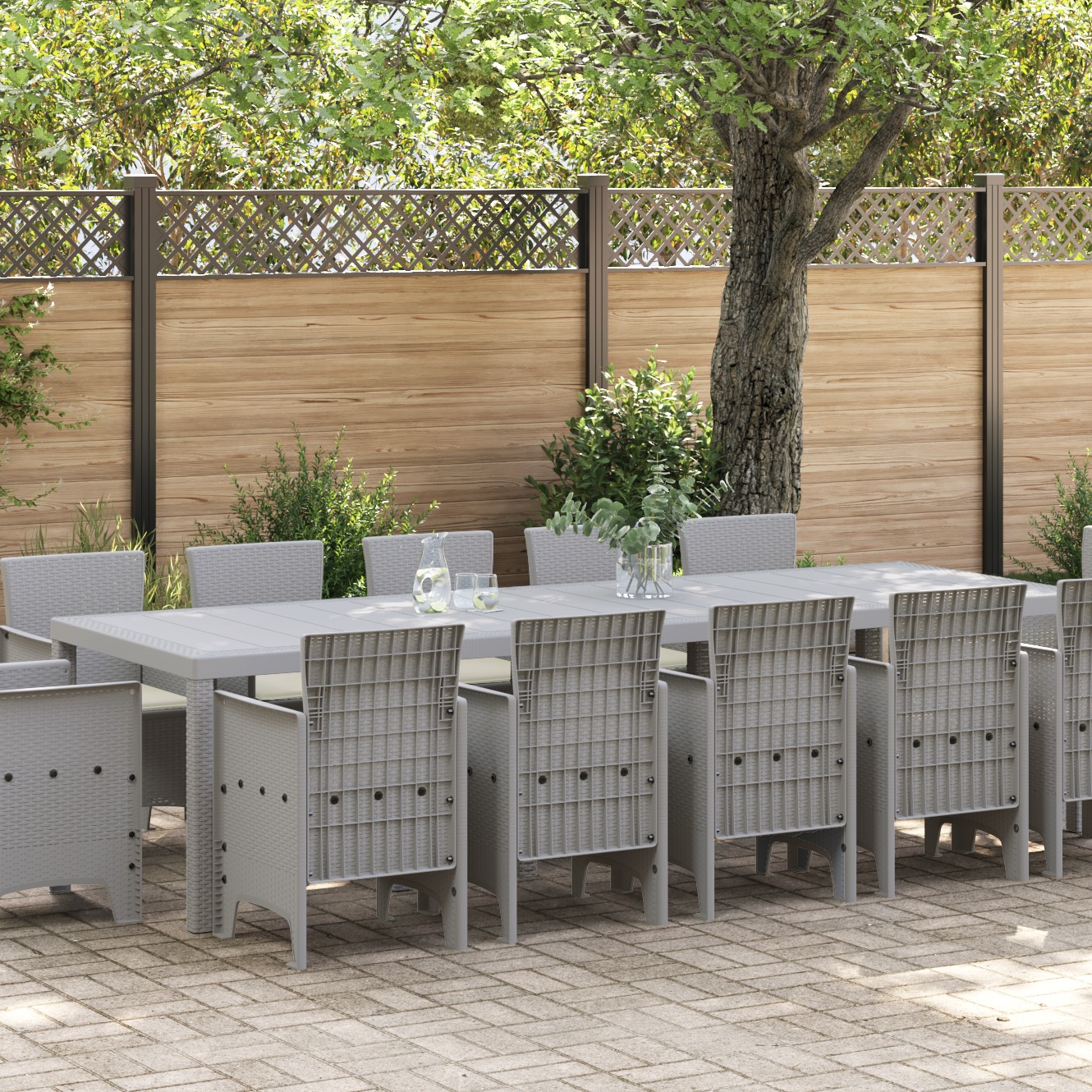 vidaXL 13-teilige Garten-Essgruppe mit Kissen Hellgrau Poly-Rattan, vidaXL Gartentisch Hellgrau 150x100x73 cm Poly-Rattan, vidaXL Gartenstühle mit Kissen 4 Stück Hellgrau Poly-Rattan