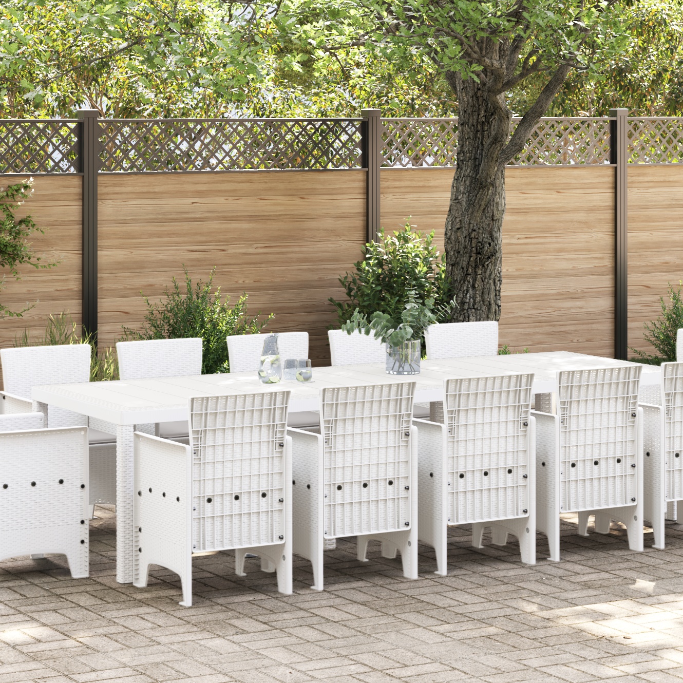 vidaXL 13-teiliges Garten-Esstischset mit Kissen Weiß Poly Rattan, vidaXL Gartentisch Weiß 150x100x73 cm Poly Rattan, vidaXL Gartenstühle mit Kissen 4 Stück Weiß Poly Rattan