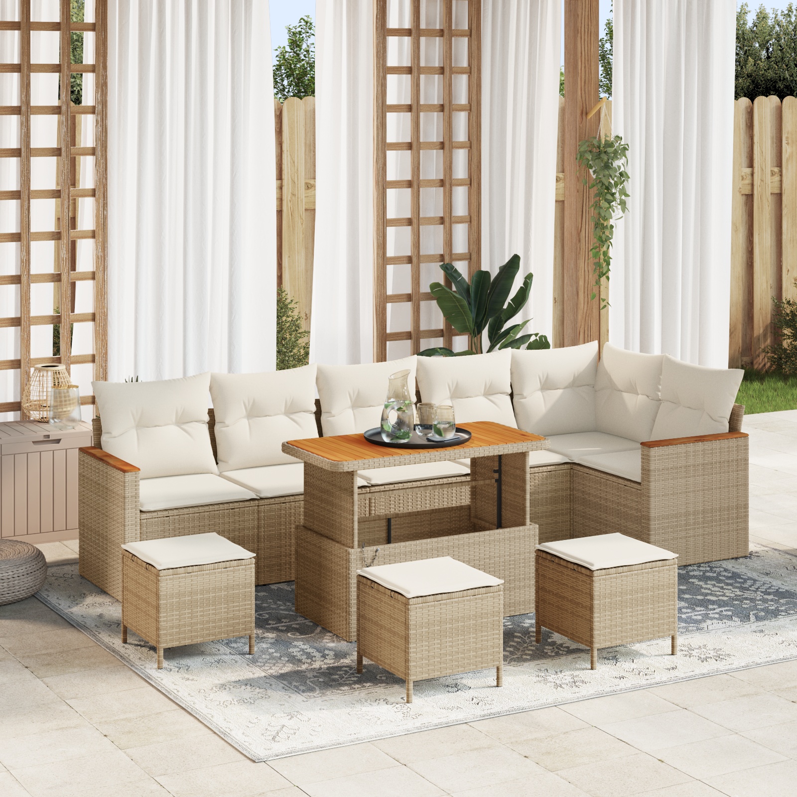 vidaXL 10 Teile Garten Sofaset mit Kissen Beige Poly Rattan Akazie, vidaXL 4 Teile Garten Esszimmer Set mit Kissen Beige Poly Rattan Akazie
