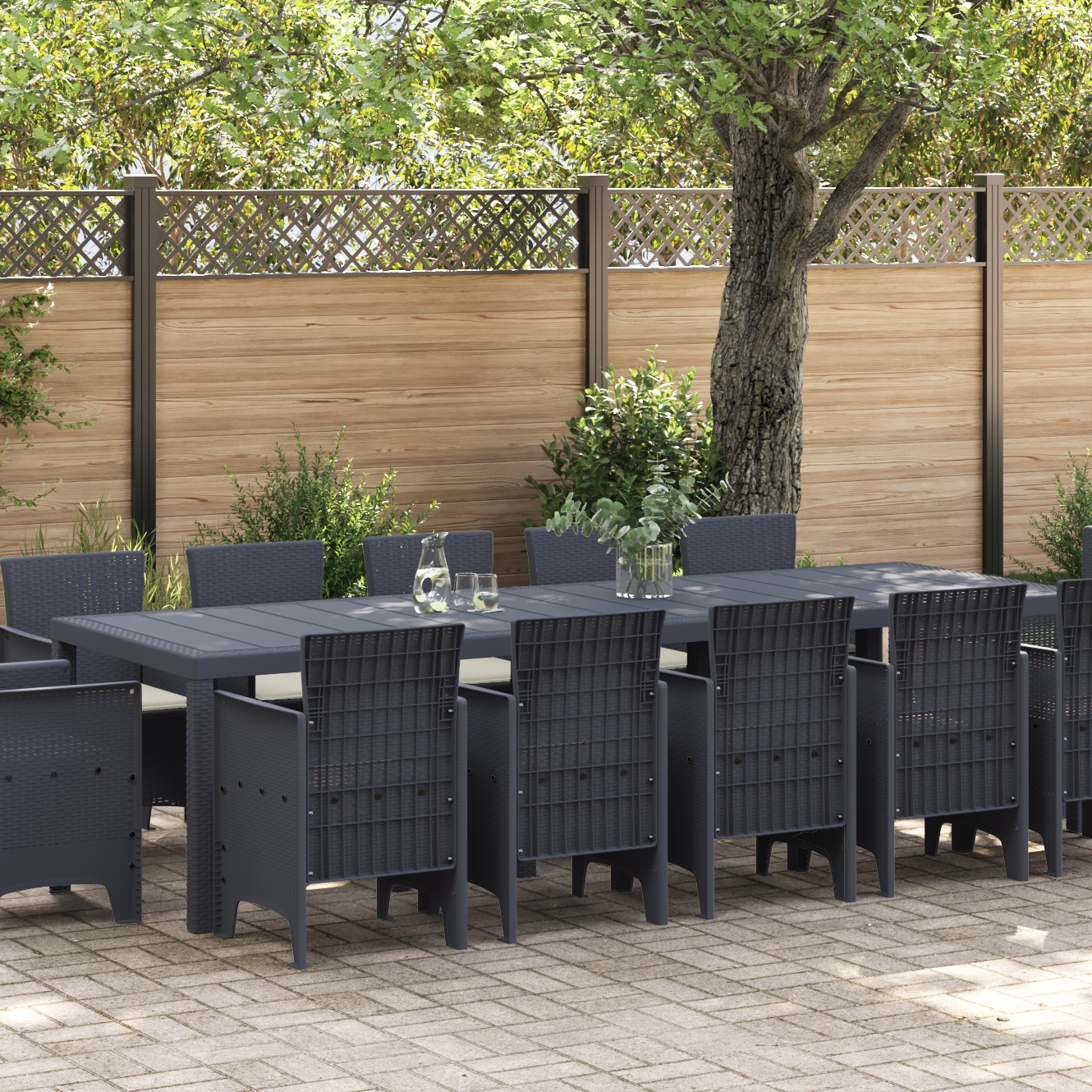 vidaXL 13-teiliges Garten-Essset mit Kissen in Anthrazit aus Poly-Rattan, vidaXL Gartentisch in Anthrazit 150x100x73 cm aus Poly-Rattan, vidaXL Gartenstühle mit Kissen, 4 Stück in Anthrazit aus Poly-Rattan