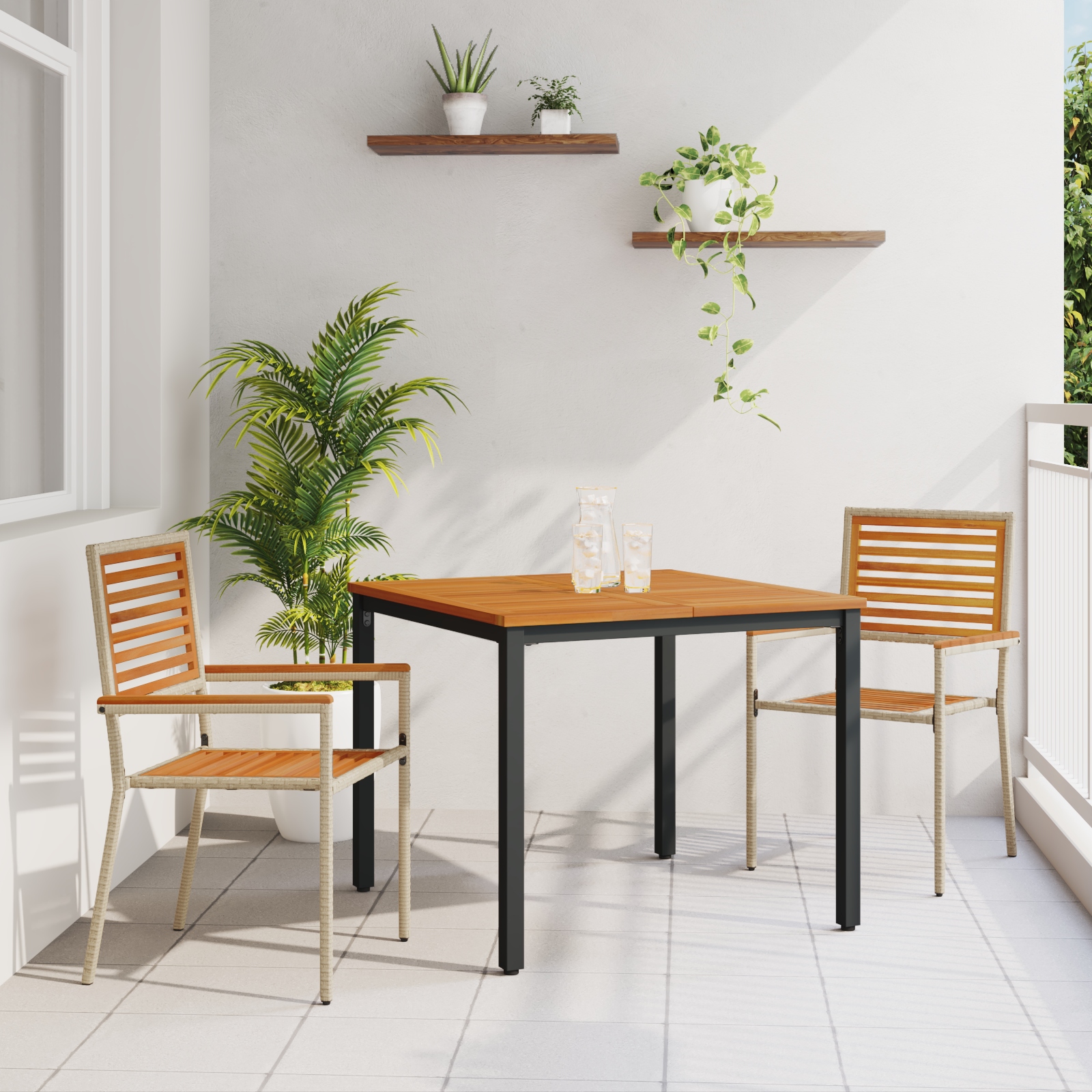 vidaXL 3-teilige Garten Essgruppe Beige Poly Rattan Akazie, vidaXL Stapelbare Gartenstühle mit Kissen - 2er Set in Beige Poly Rattan, vidaXL Gartentisch 90x90x75 cm aus massivem Akazienholz und Metall