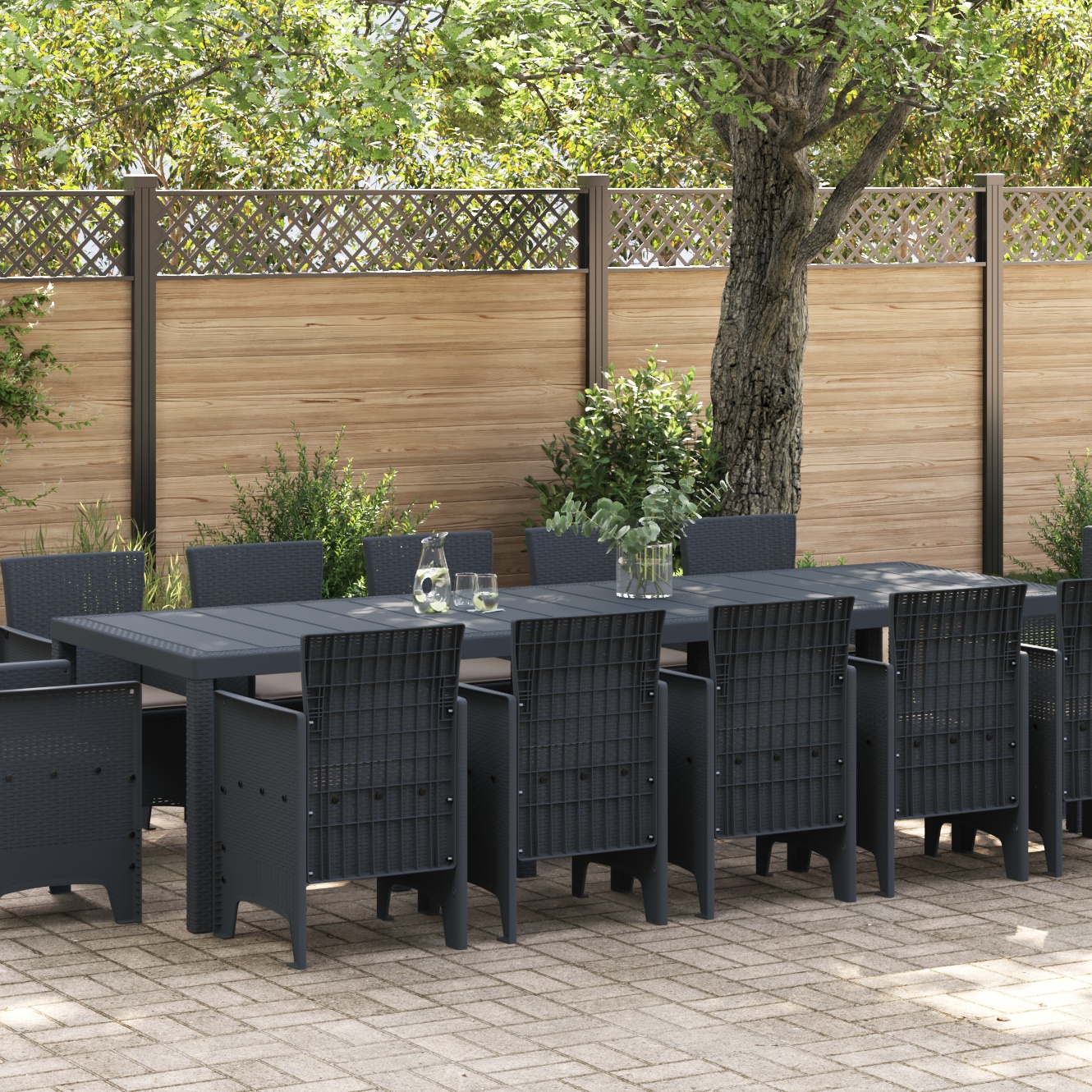 vidaXL 13-teilige Garten Essgruppe mit Kissen Anthrazit Poly-Rattan, vidaXL Gartentisch Anthrazit 150x100x73 cm Poly-Rattan, vidaXL Gartenstühle mit Kissen 4 Stk Anthrazit Poly-Rattan