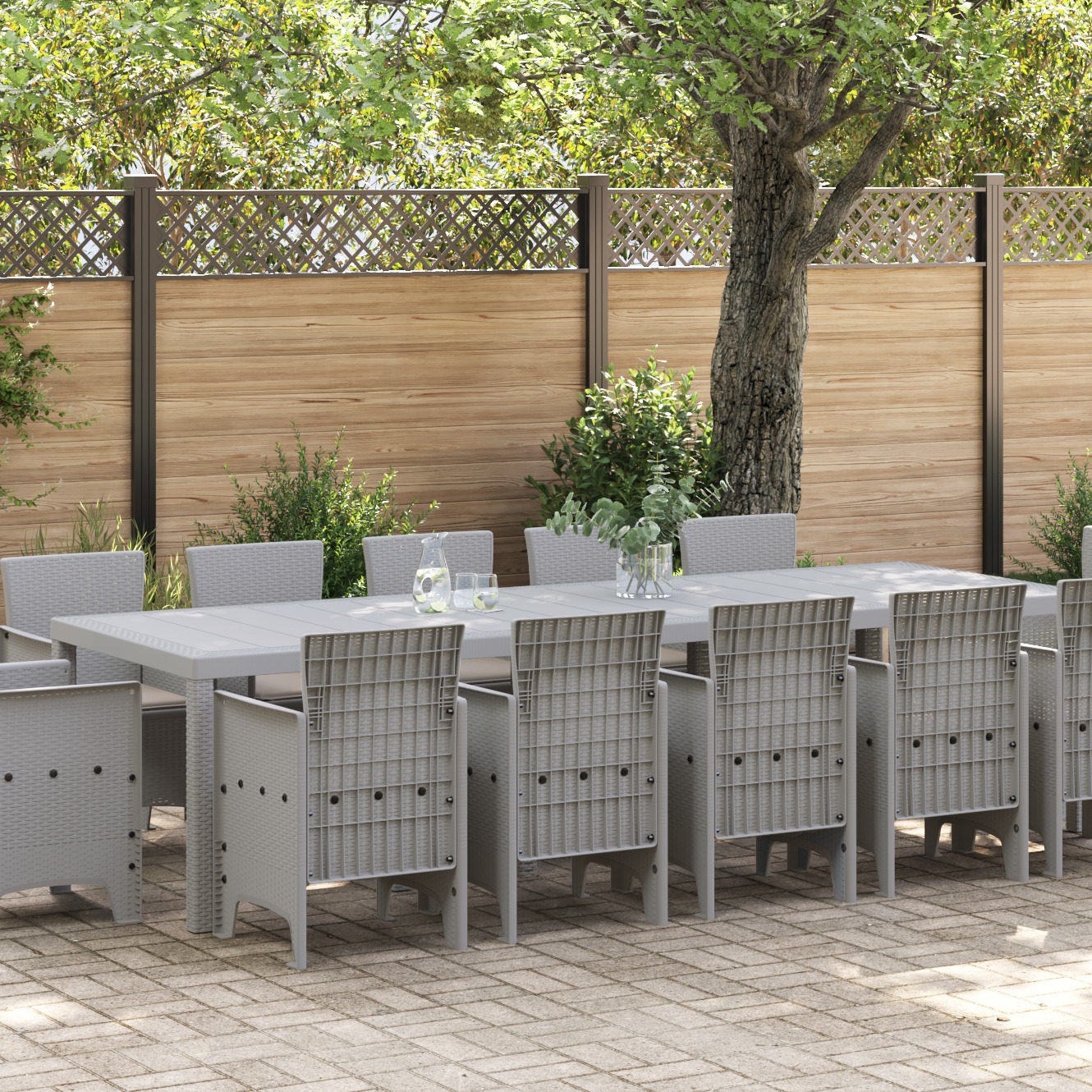 vidaXL 13-teilige Garten-Esstischset mit Kissen Hellgrau Poly-Rattan, vidaXL Gartentisch Hellgrau 150x100x73 cm Poly-Rattan, vidaXL Gartenstühle mit Kissen 4 Stück Hellgrau Poly-Rattan