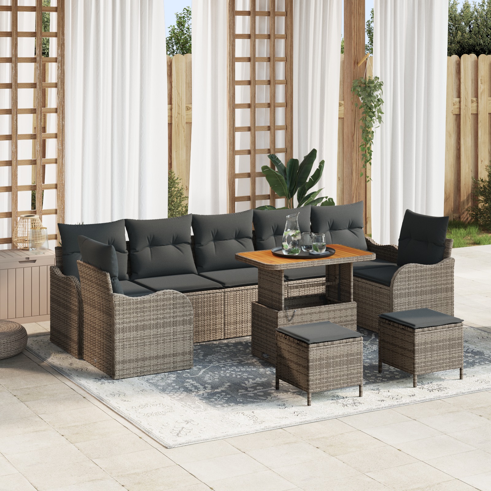 vidaXL 10 teiliges Garten-Sofa-Set mit Kissen Grau Poly Rattan Akazie, vidaXL 2-Sitzer Garten-Sofa mit Stauraum & Kissen Grau Poly Rattan, vidaXL 3-teiliges Garten-Ess-Set mit Kissen Grau Poly Rattan Akazie