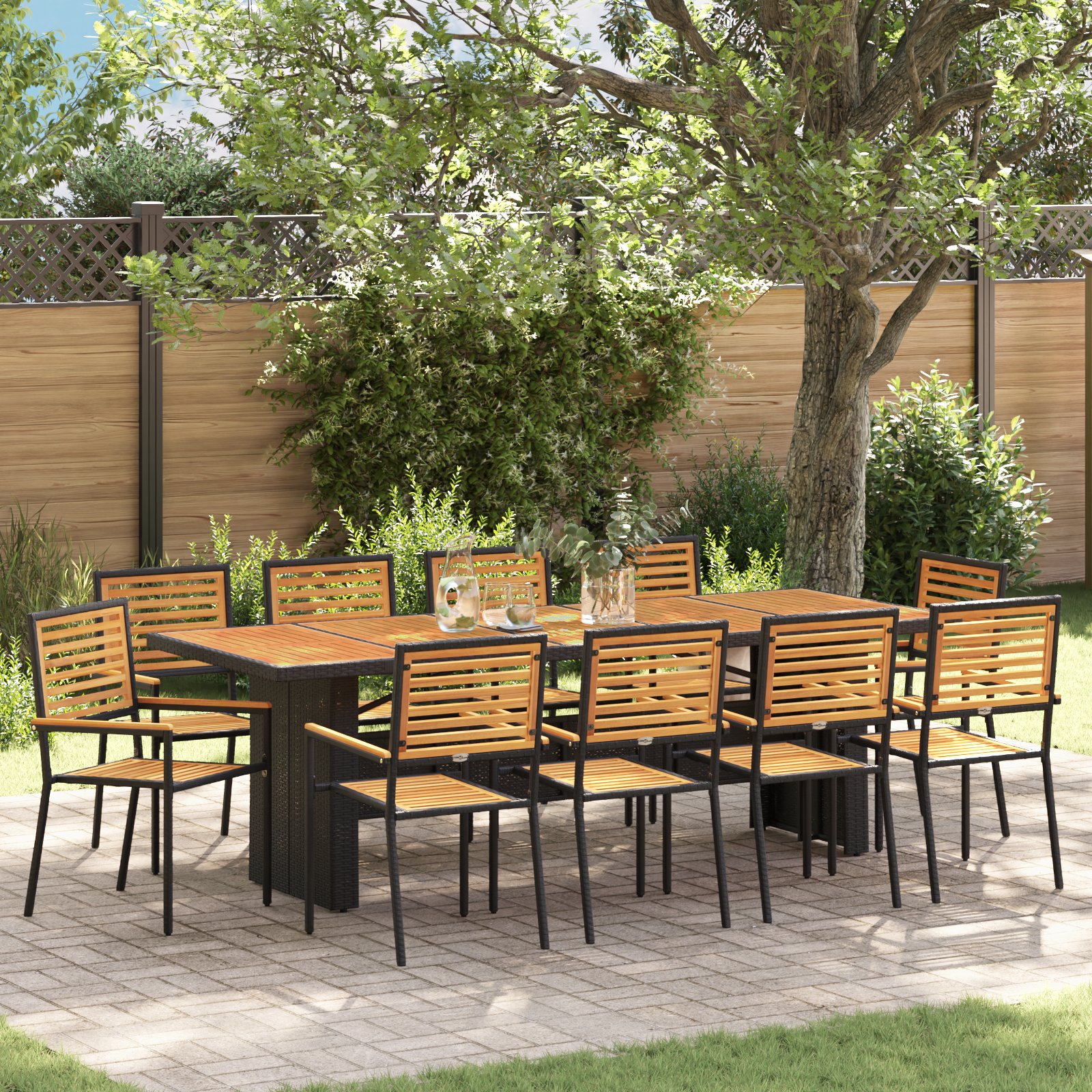 vidaXL 11-teilige Garten Essgruppe Schwarz Poly-Rattan Akazie, vidaXL Stapelbare Gartenstühle mit Kissen 2 Stück Schwarz Poly-Rattan